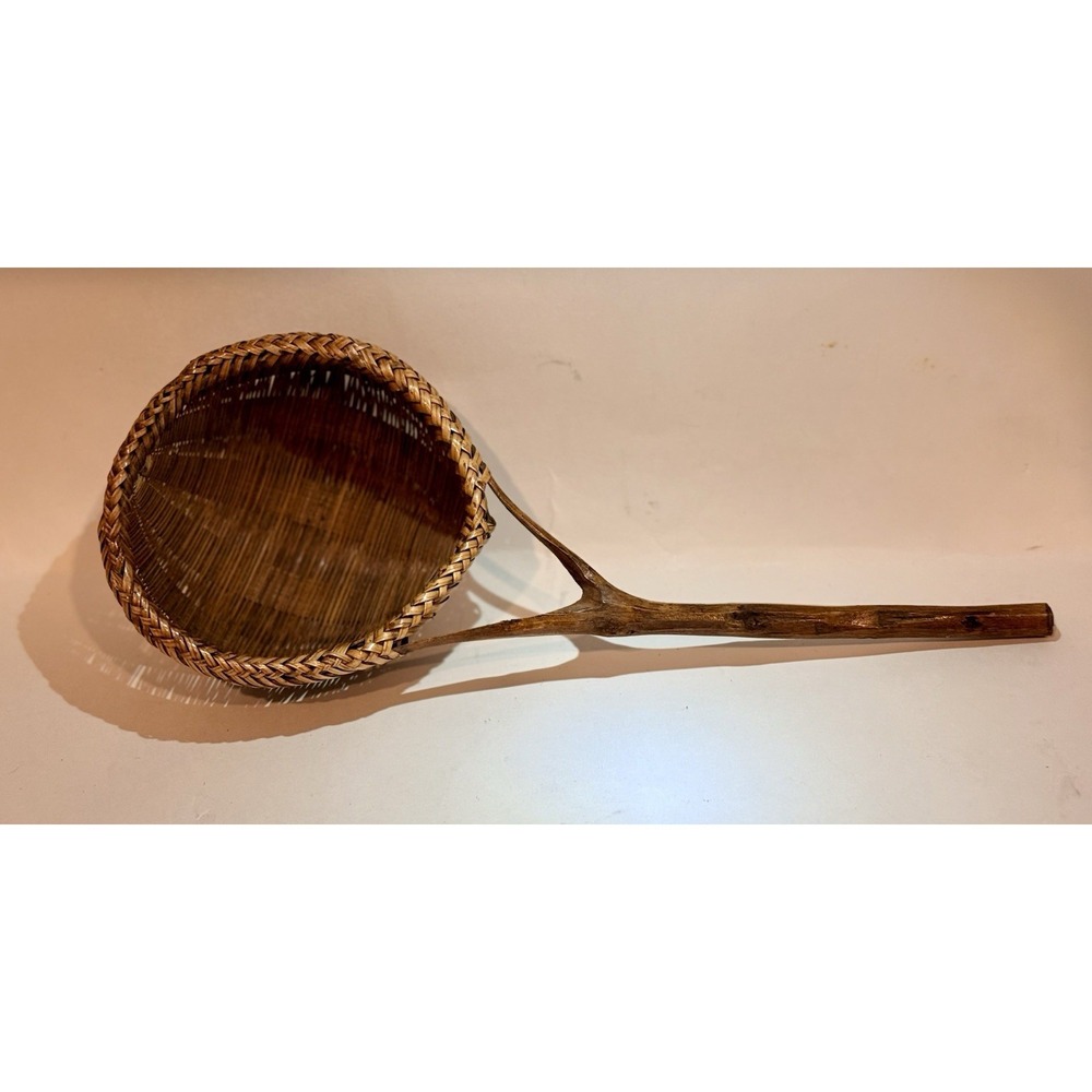 Antique Primitive Wicker Scoop Basket Wood Handle Farm Folk Art
